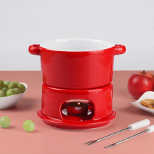 Red Ceramic Pot Fondue Burner Set for Cheese, Chocolate, Seafood, Steak, and Poultry