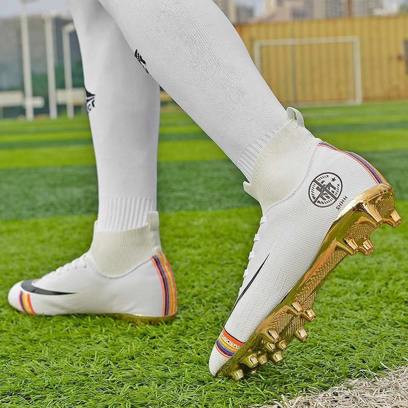 2019 Popular Golden Color Sole Long Spikes Football Shoes, White Professional Soccer Shoe