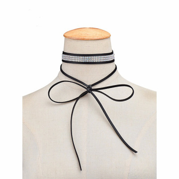 Wider Black Velvet Chokers Wrap Long Collar Crystal Necklace