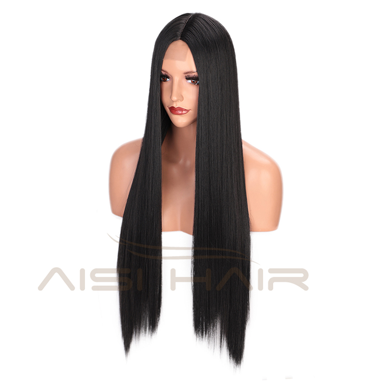 Aisi Hair Long Silky Straight Middle Part Black Cosplay Party Wig Lace Front Synthetic Fiber Hair Wigs For White Black Women
