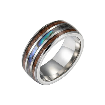Customizable Hawaiian Koa Wood & Abalone Shell Opal Inlay Stainless Steel Men's Ring: Elegant Jewelry