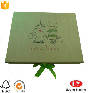 Flat foldable cardboard gift box with ribbon