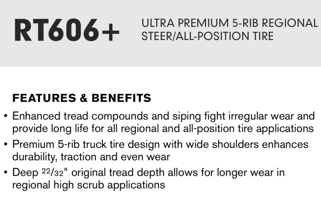 Regional Steer All Position Tyre, Rt606, Long Life Tyre, 11r22.5, 295/75r22.5, 11r24.5, 285/75r24.5