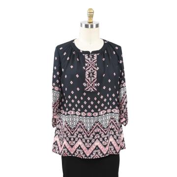 Frauen Border Print Lace Inserted Bluse