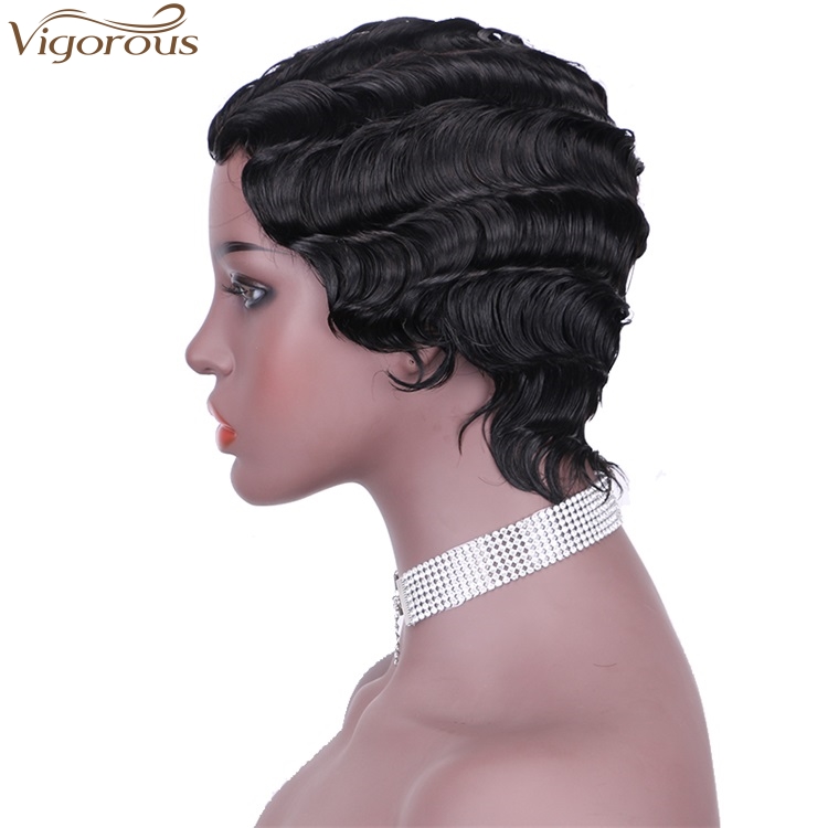 Vigorous Pixie Cut Black Short Curly Wigs for African American Women Real 100% Human Hair Finger Wave Wig