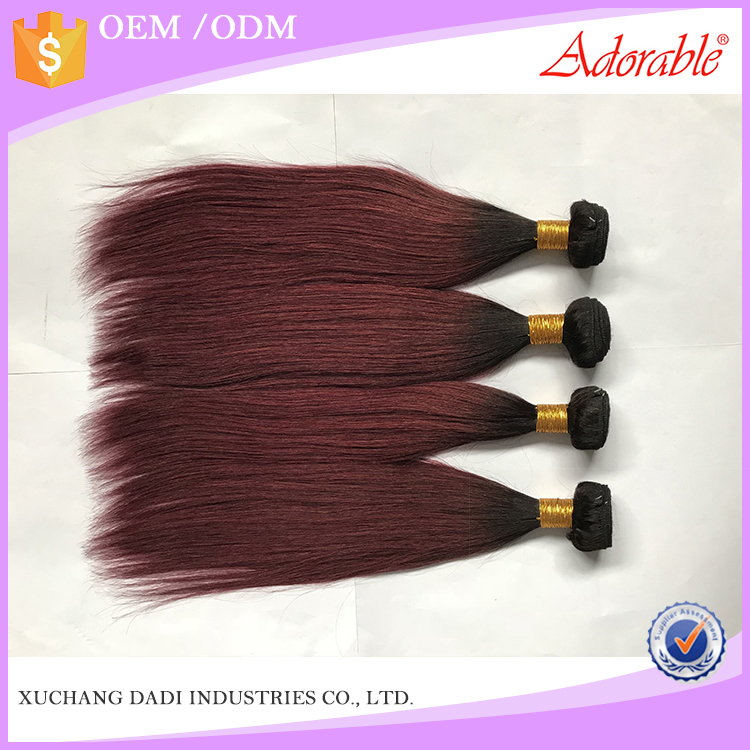 two tone ombre color dark red straight hair weave, natural Brazilian hair