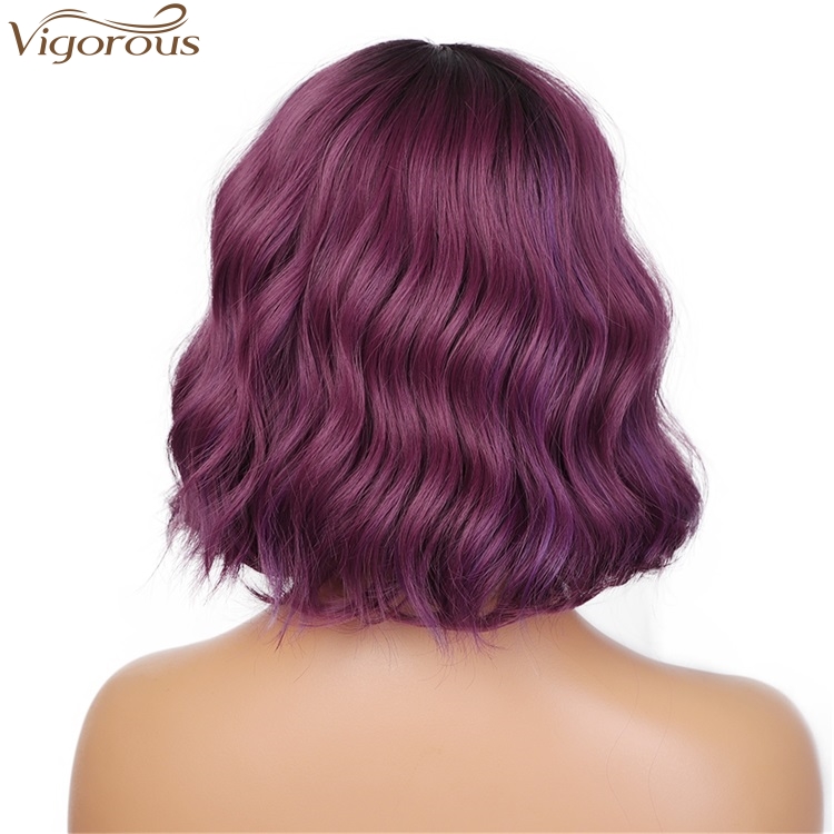 Vigorous Fashion Girl Synthetic Short Wavy Wigs Natural Short Bob Purple Wig With Neat Bangs Heat Resistant Wholesale Price