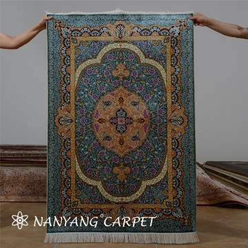 3'x4.5' Bluish Green Persian Silk Tabriz Carpet