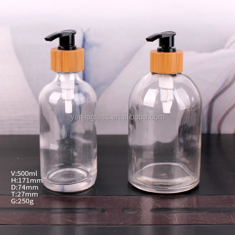 500ml clear glass boston round liquid soap bottle with pump sprayer