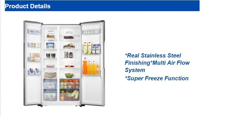 Big Capacity Frost Free Side by Side Stainless Steel Refrigerator