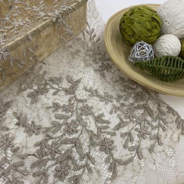 3D Leaves Sequin Embroidery On Poly Lace Fabric