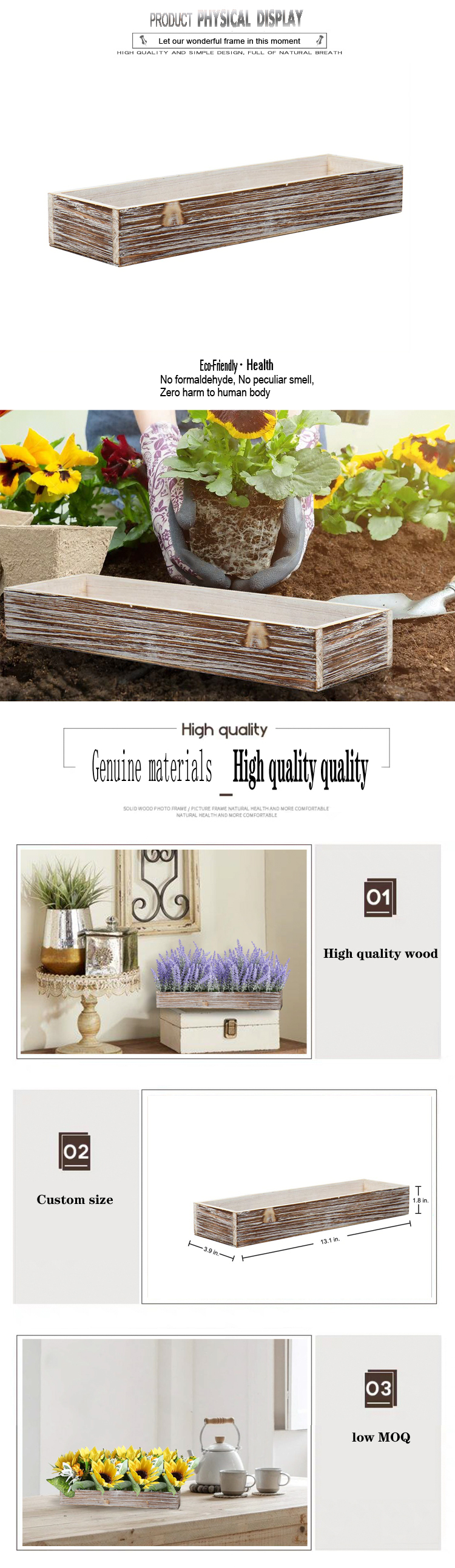 Solid Wood Rectangular Planter Box Rustic Decorative Wooden Crate Artistic Engraving Painted Love Style Home Gift Plant Holder