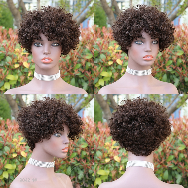 Vigorous Top Quality Brown Afro Kinky Curly Wigs for Black Women Short Side Part Human Hair Wholesale Price