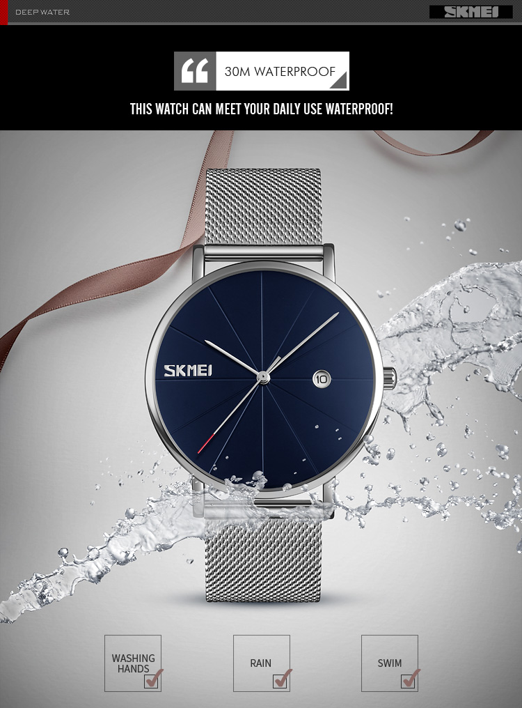 skmei rose gold and blue japan mov't quartz watch stainless steel back men's wristwatch clock