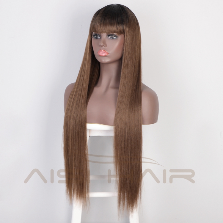 Aisi Hair Top Quality Cheap Long Silky Straight Fiber Wigs High Temperature Synthetic Fiber Wig Ombre Brown Wigs Wiht Bangs