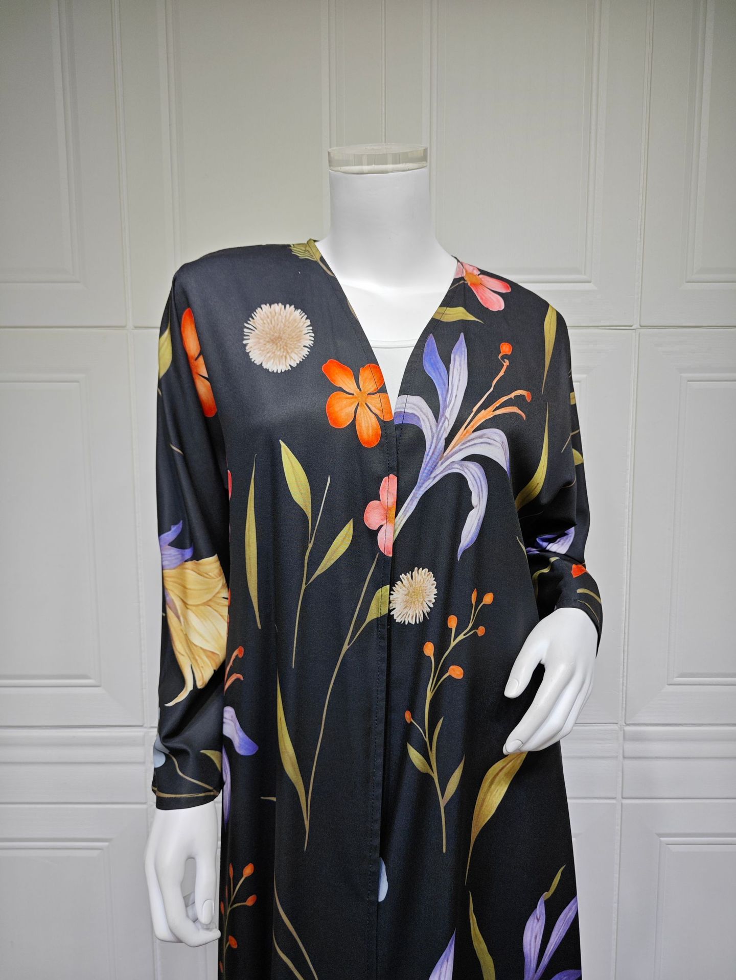 Ubaxa Daabacan ee Furan ee Abaya Maro Maro MQ252 (7) Floral Printed Open Front Abaya Matching Scarf MQ252 (7)