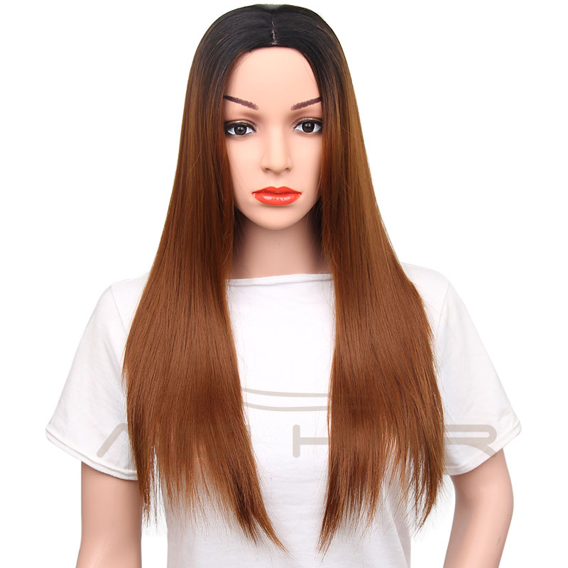 Aisi Hair Long Silky Straight Wave Ombre Brown Dark Root Wig Natural Wave Heat Resistant Synthetic Fiber Wigs For Black Women