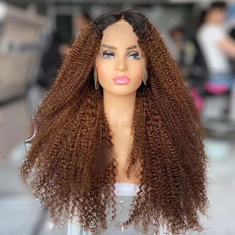 Kinky Curly Transparent Lace Front Wigs For Black Women,  1B30 Brown Brazilian Lace Wig 100% Human Hair Wigs