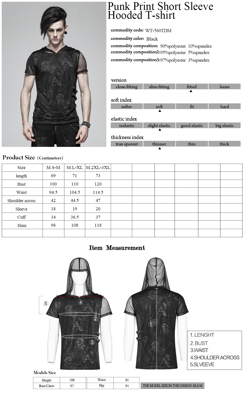 WT-560 Punk Print Short Sleeve Hooded T-shirt Men Fashion T-shirt