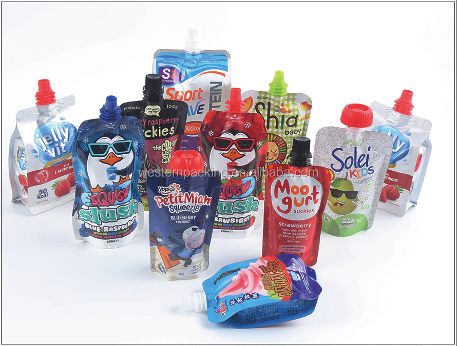 Custom printed juice liquid stand up pouch with spout, doypack pouch