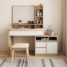 Nordic Wide Drawer Wooden Bedroom Vanity Dresser with Stool and Mirror