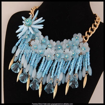 Fashion Dark Diamond Tassel Beaded Flower Bib Necklace