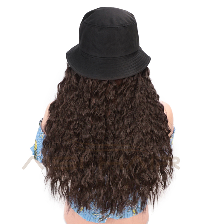 Aisi Hair Knit Slouchy Party Hat Long Water Wave Outdoor Hat Synthetic Dark Brown Fiber Hair Extension With Black Cap For Women