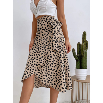 Boho Style Asymmetrical Knee Length A-Line Skirts for Women - Elegant High-Waist Print Wrap Skirt