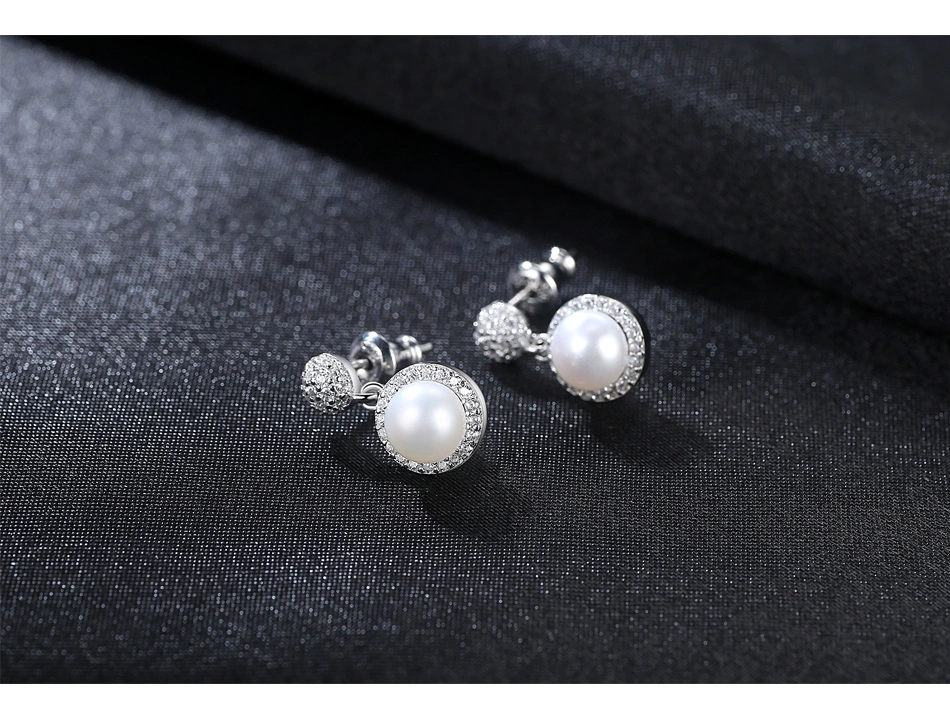 Classic Bling Bling Round Silver Stud Earring with Freshwater Pearl Stud Earrings