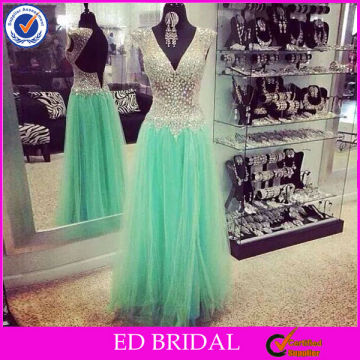 NC131 Sexy See Through Top Stone Beaded Open Back Prom Dresses Turquoise