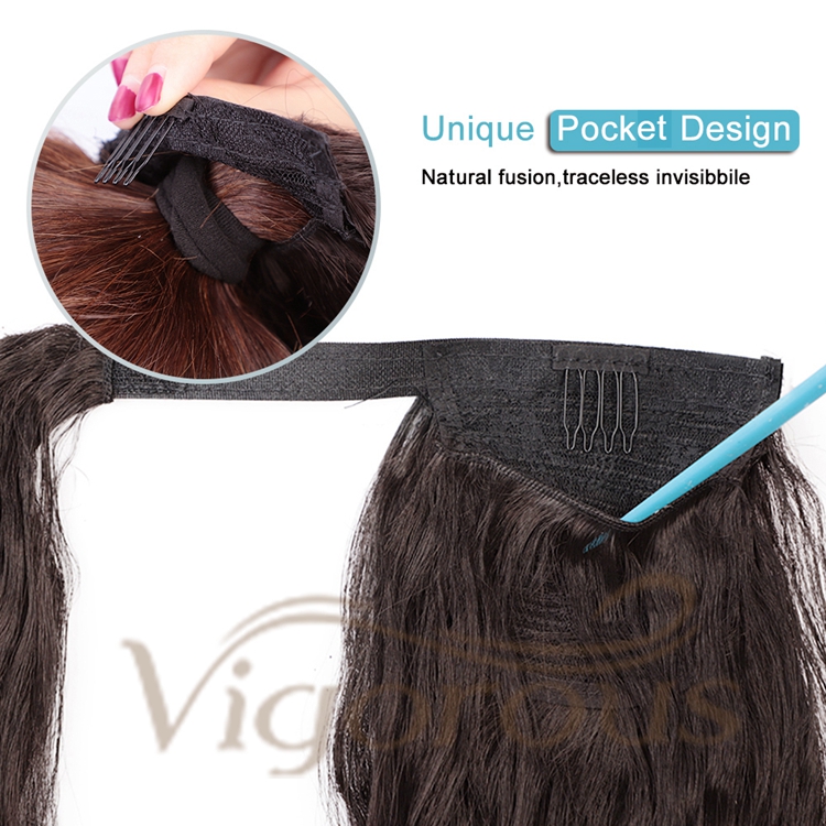 Vigorous Wholesale Price Long Wavy Brown Pony Tail Hairpieces Curly Magic Paste Drawstring Synthetic Ponytail Hair Extension