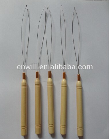 Hair Extension Hook Pulling Tool Needle Threader Micro Rings Beads Loop Wooden Handle