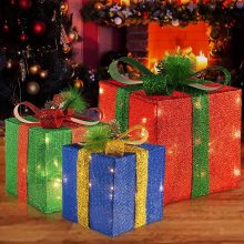 UL Approved 3 Piece Lighted Christmas Present Boxes for Outdoor Party Decor