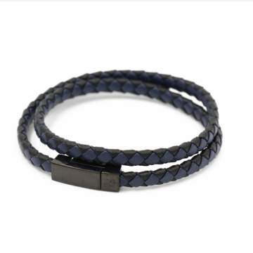 2018 hot product cheap engraved stainless steel real leather mens bracelet dark blue leather wrap bracelet