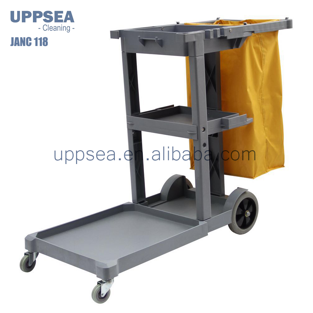Multi-Purpose Plastic Maid Janitor Cart Hotel Room Service Cart Housekeeping Cleaning Trolley Restaurant Utility Cart
