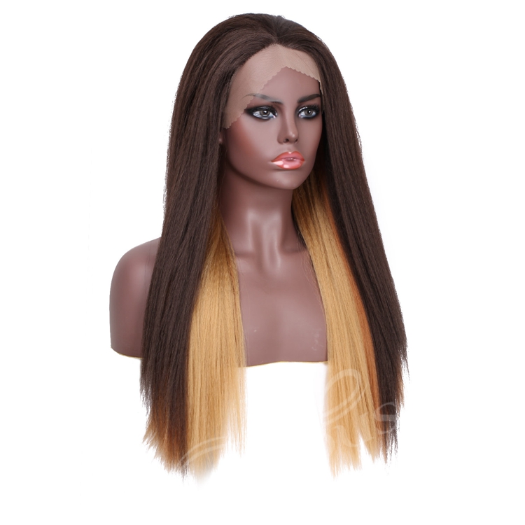 High Quality Straight Long Fake Scalp Coloured Ombre Ginger Fiber Blend Blonde Cheap Lace Front Synthetic Hair Wigs