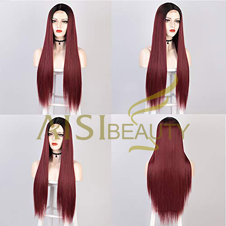 Aisi Beauty Vendor Cheap Party 26 Inch Long Straight Ombre Red Wig Swiss Lace Synthetic Hair For Black Women Lace Front Wig