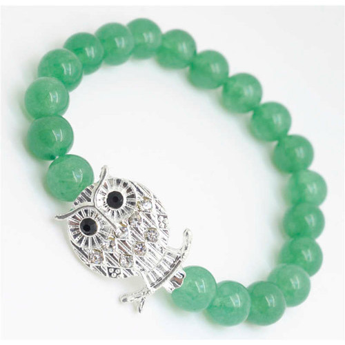 Green Aventurine Gemstone Bracelet with Diamante alloy Owl Piece