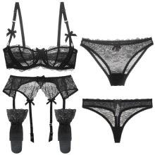Sexy Lace 5-Piece Lingerie Set: Garters, Bras, Panties, Thongs & Stockings in Black, Pink & White