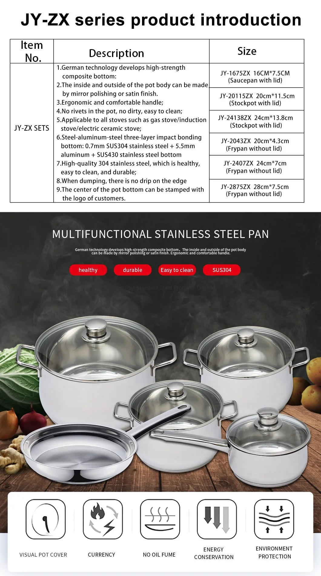 Peralatan Masak Klasik Panci Masak Grosir Stainless Steel18 / 10 Panci Sup Antilengket dengan Penutup Datar