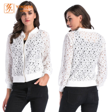 Women Thin Zipper Long-Sleeve Hollow Out Lace Jacket