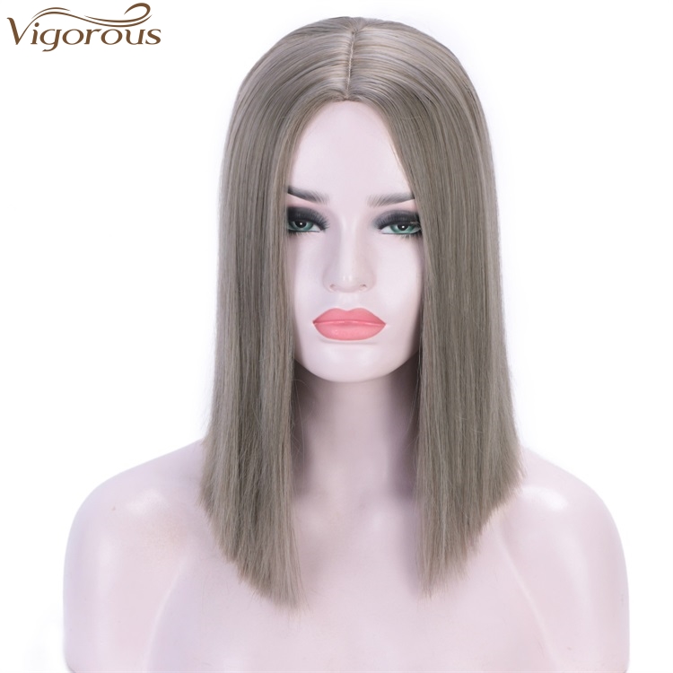Vigorous Good Quality 14 inches Short Straight Bob Wig Middle Part Heat Resistant Synthetic Wig Daily Use For Women