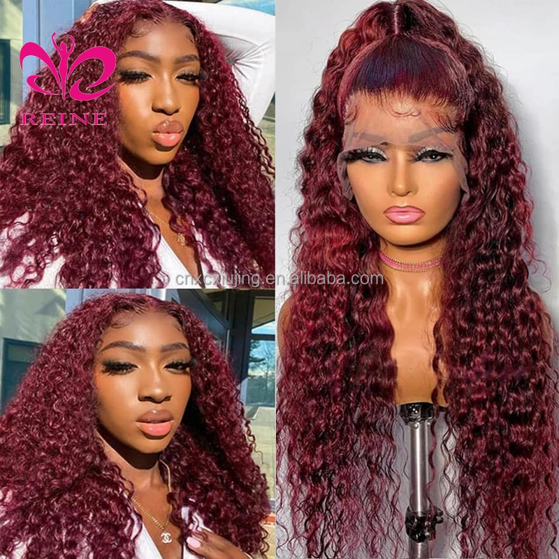 99J Colored Lace Front Human Hair Wigs Deep Wave Burgundy 13x4 HD Transparent Lace Frontal Wig Glueless Wine Red Wig For Women