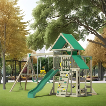 Commercial Grade Outdoor Wooden Climbing Frame Swing Set with Plastic Slide