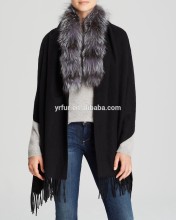 YR538 fox collar and wool poncho/pashmina with fox fur shawl