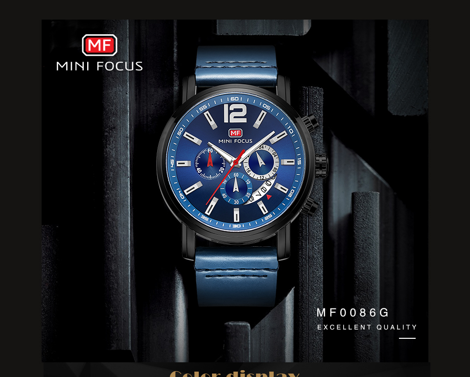 MINI FOCUS 0086 Chronograph Watch Military Sports Watches Men Wristwatches Quartz Movement Leather Relogio Masculino