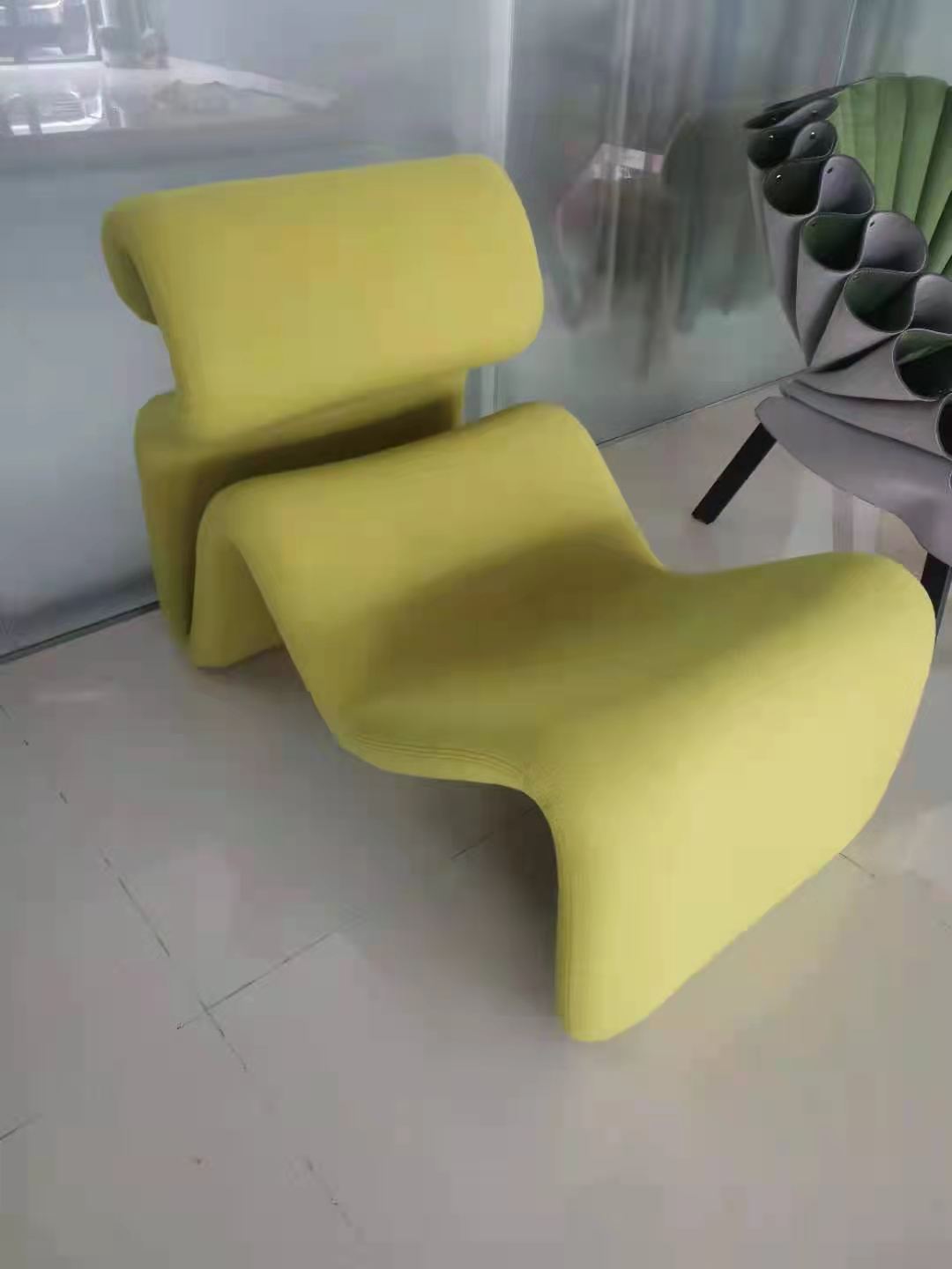 Modern designer furniture fiberglass and fabric curved chair