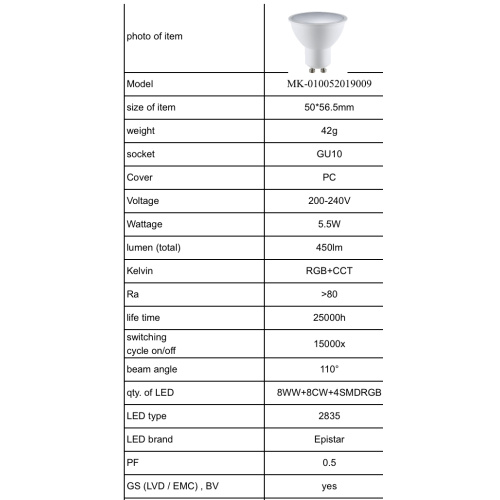 Bombilla de luz inteligente WiFi GU10, voz / APP teledirigida GU10