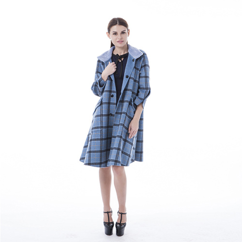 Blue checked cashmere coat with stand collar