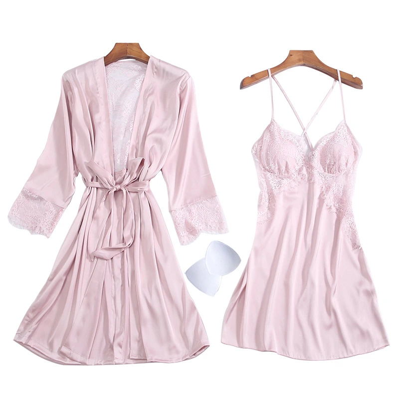 Good Quantity Silk Ladies' Sexy Nightgown with Breast Pad and Backless Hollow Dress Set